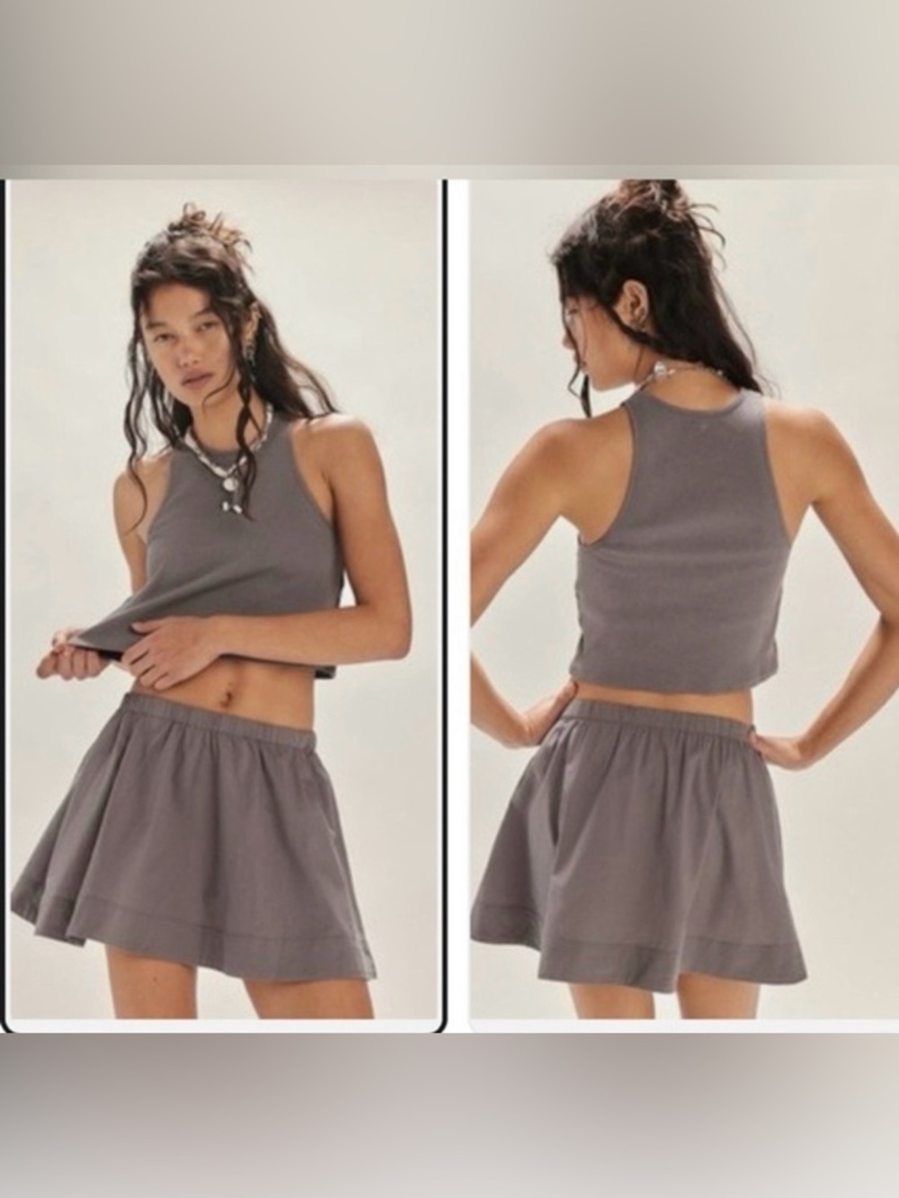Free People/ free-est Milani Tank Top Mini Skirt Boho Cotton Set Gray Size M - Picture 3 of 5